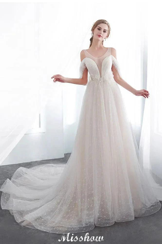 A-line Sleeveless Floor Length Lace Ivory Wedding Dress (ZD16614)