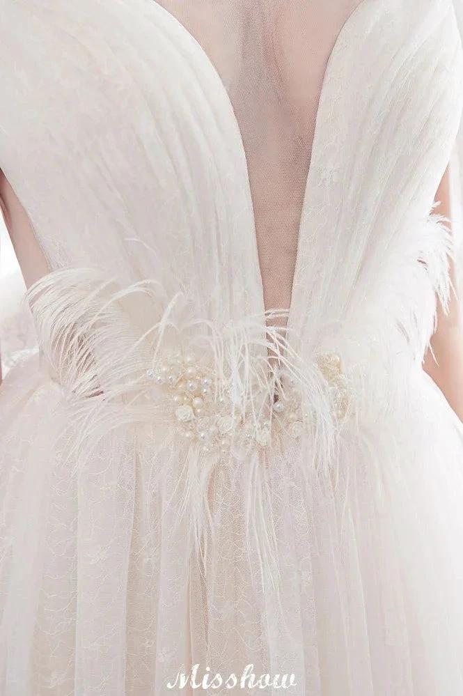 A-line Sleeveless Floor Length Lace Ivory Wedding Dress (ZD16614)