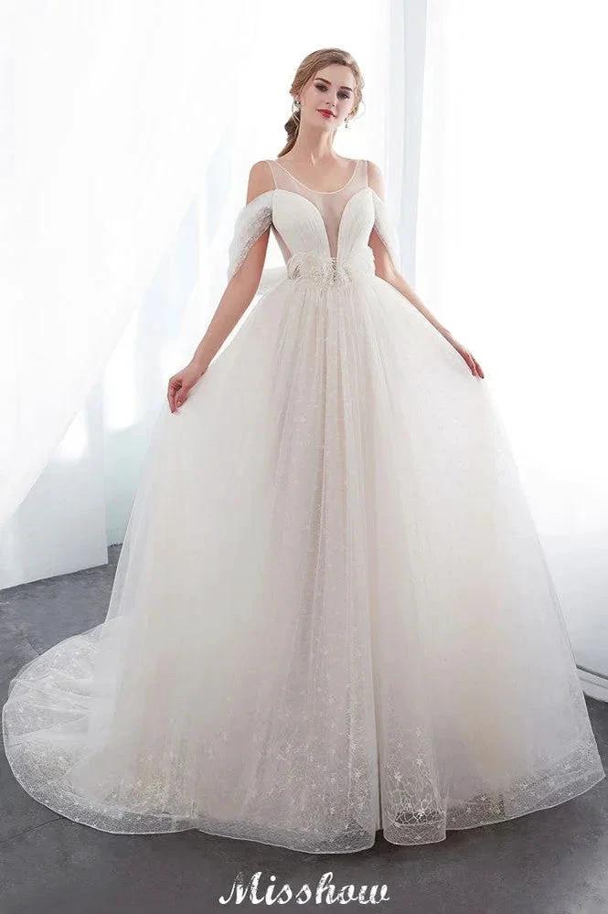 A-line Sleeveless Floor Length Lace Ivory Wedding Dress (ZD16614) - VelvetHem
