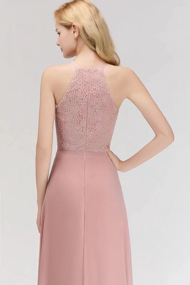 A-line Sleeveless Halter Long Lace Chiffon Bridesmaid Dress (ZD13032)