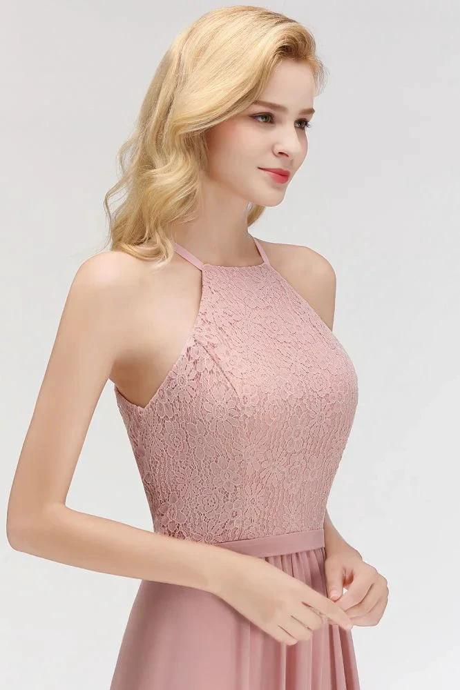 A-line Sleeveless Halter Long Lace Chiffon Bridesmaid Dress (ZD13032)