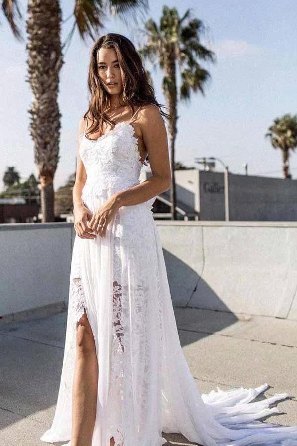 A-line Spaghetti Strap White Lace Chiffon Beach Wedding Bridal Dresses (ZD15402) - VelvetHem