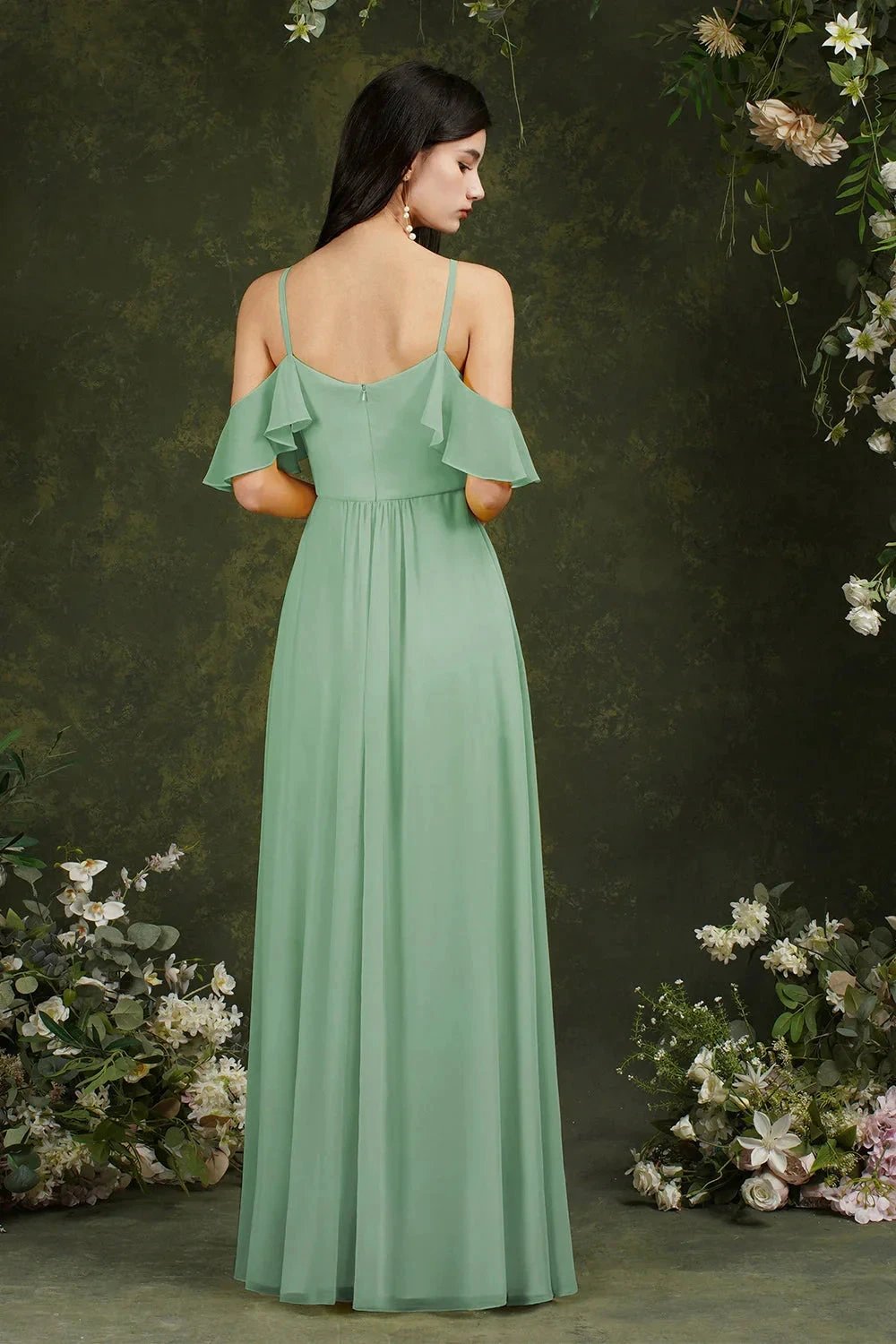 A-Line Spaghetti Straps Off-the-shoulder Ruffles Chiffon Bridesmaid Dress With Pockets (ZD13145)