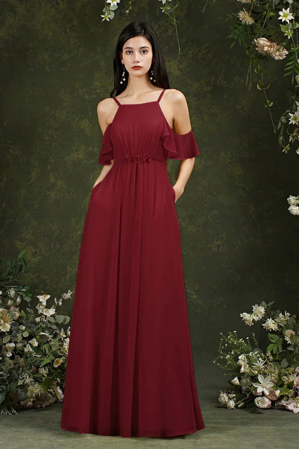 A-Line Spaghetti Straps Off-the-shoulder Ruffles Chiffon Bridesmaid Dress With Pockets by misshow.com