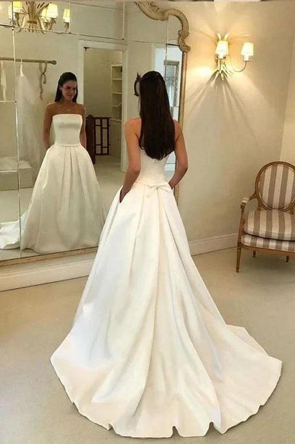 A-line Strapless Open Back Satin Ivory Wedding Dress with Pockets (ZD15343)