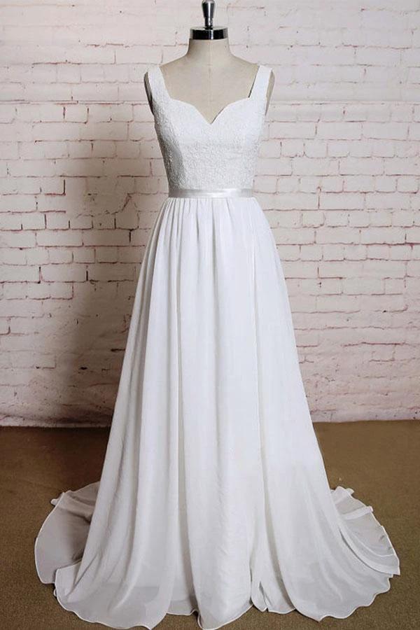 A-line Straps Court Train Chiffon Appliques Backless Wedding Dresses (ZD15489) - VelvetHem
