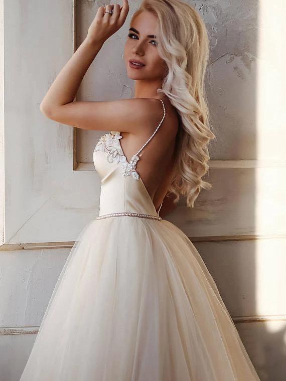 A-line Straps Floor length Beading Wedding Dress Long Prom Dress (ZD16254)