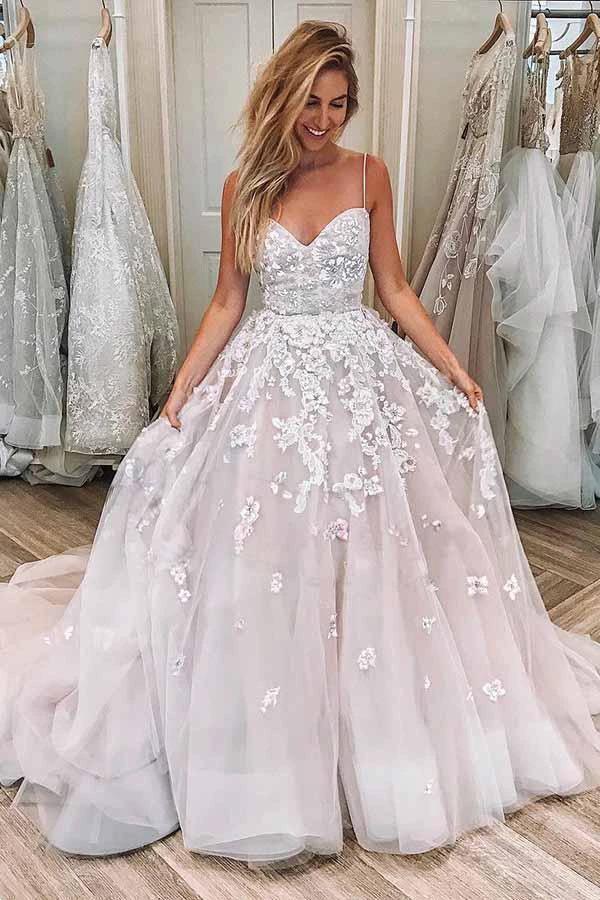 A-line Straps Sweetheart Appliques Tulle Long Wedding Dress (ZD15360)
