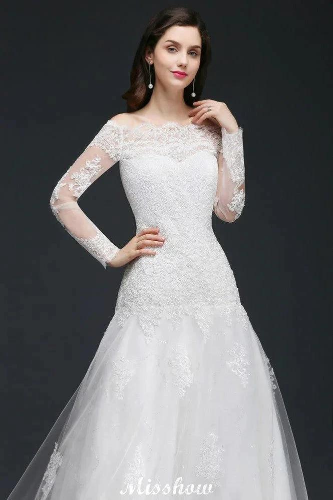 A-line Sweep-train Ivory Wedding Dress with Lace (ZD13939)