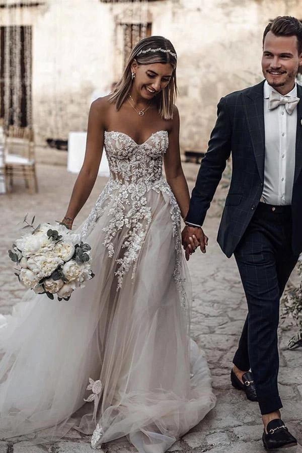 A-Line Sweetheart Sleeveless Sweep Train Tulle Wedding Dress (ZD16370) - VelvetHem