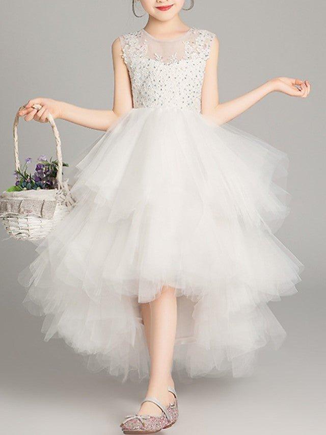 A-Line Tulle Sleeveless Jewel Neck Asymmetrical Pageant Flower Girl Dresses - VelvetHem