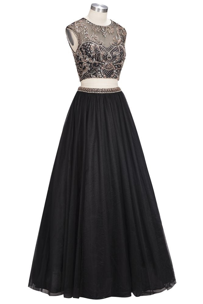 A-line Two-piece Floor Length Sleeveless Plus Size Crystals Patterns Prom Dresses - VelvetHem
