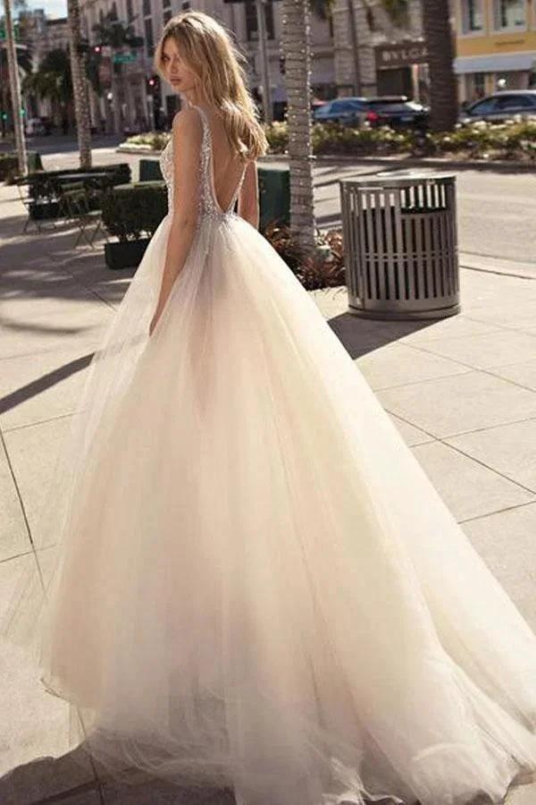 A Line V Neck Backless Beaded Tulle Ivory Wedding Dresses Bridal Gown (ZD15321)