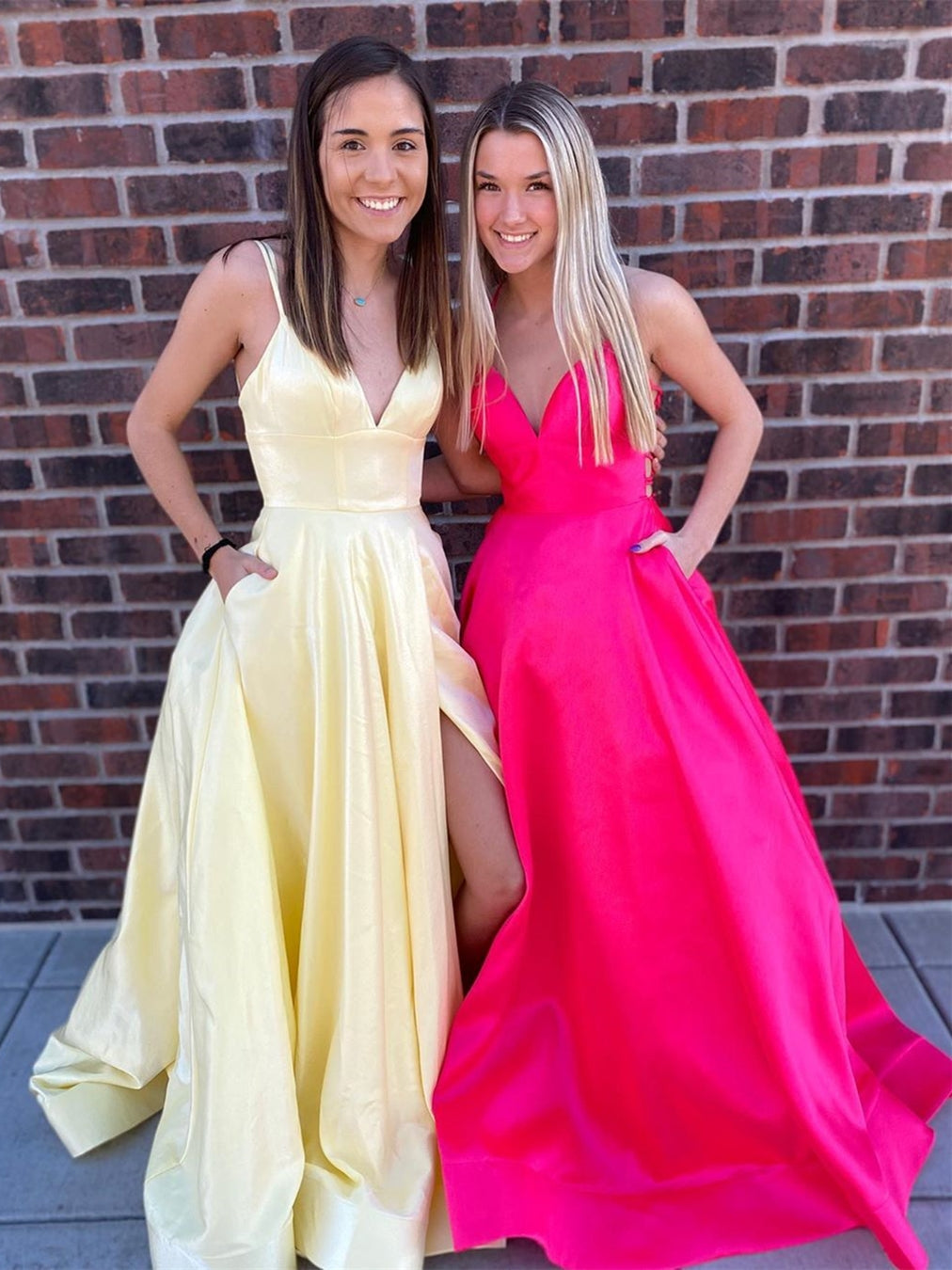 A-line V Neck Backless Front Slit Long Prom Dresses with Pockets - VelvetHem