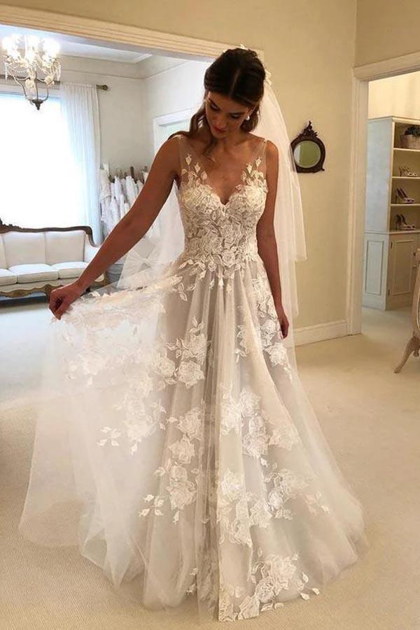 A-Line V-neck Backless Sweep Train Wedding Dress with Appliques (ZD16366) - VelvetHem
