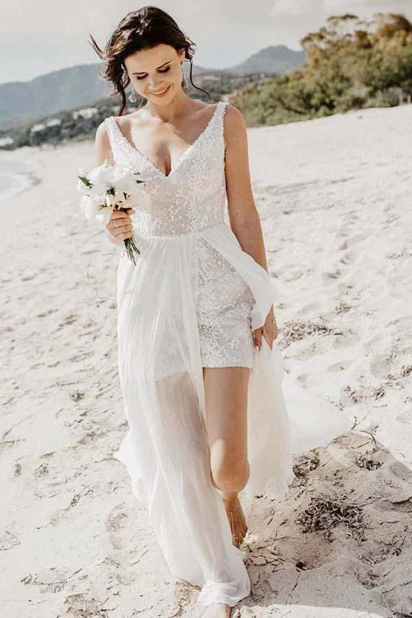 A-Line V-Neck Detachable Train Long Beach Wedding/Bridal Dress (ZD16063) - VelvetHem