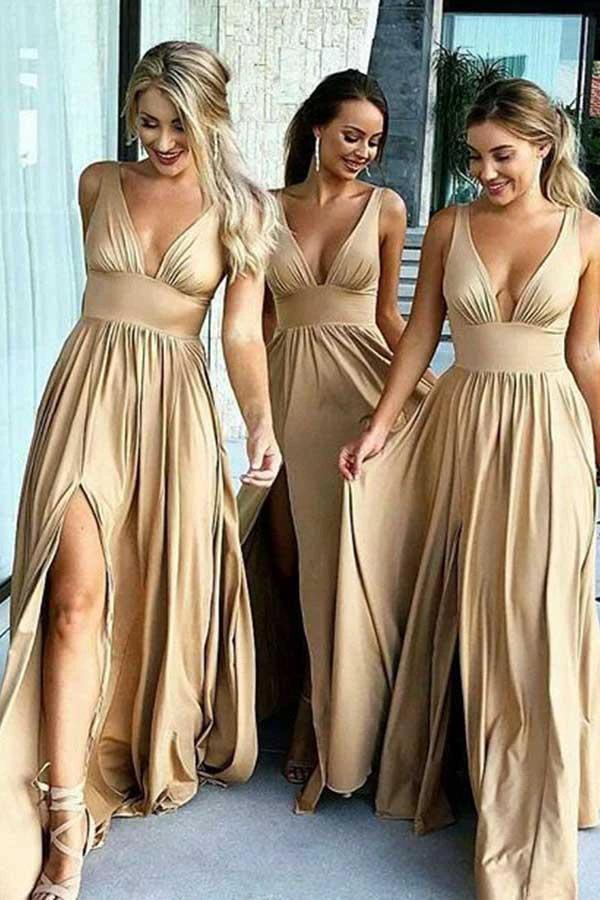 A-Line V-Neck Elastic Satin Bridesmaid Dress with Split (ZD13232) - VelvetHem