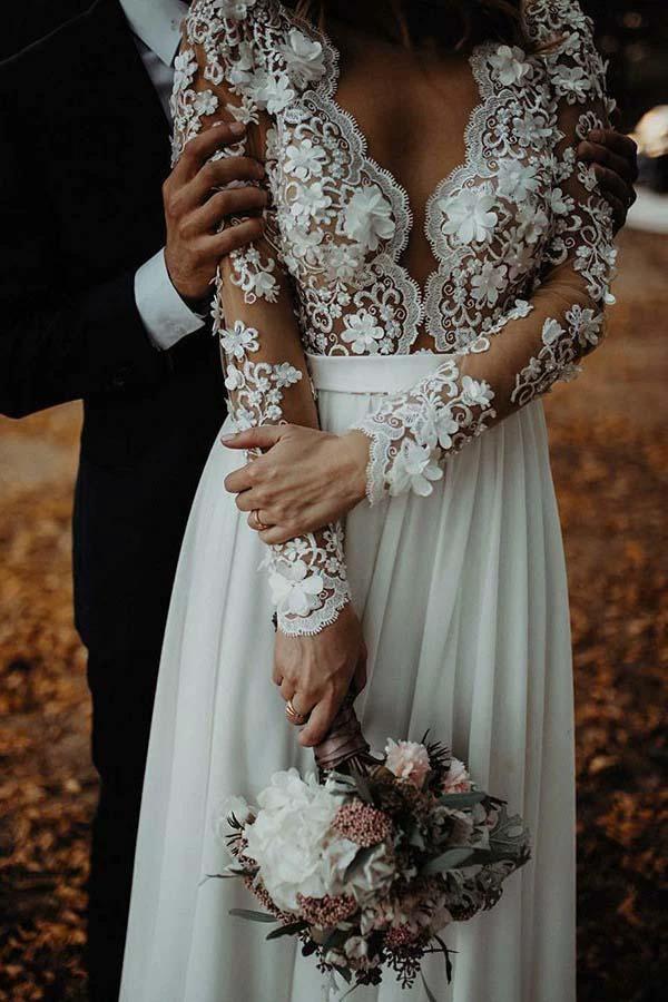 A-Line V-Neck Floor Length Chiffon Wedding Dress with Appliques Flowers (ZD16311)