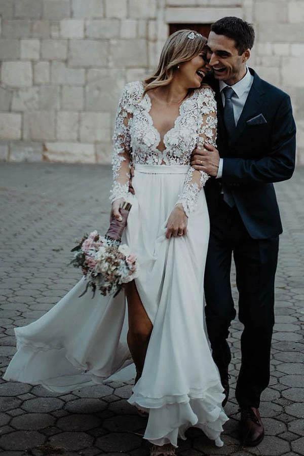 A-Line V-Neck Floor Length Chiffon Wedding Dress with Appliques Flowers (ZD16311) - VelvetHem