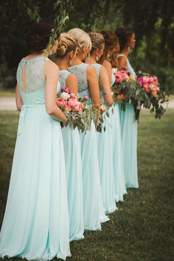 A-Line V-Neck Floor-Length Mint Chiffon Bridesmaid Dress with Lace (ZD13228)