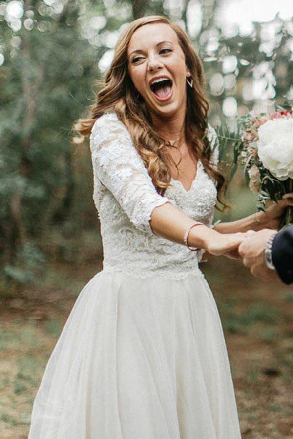 A-Line V-Neck Half Sleeves Backless Tulle Wedding Dress with Appliques (ZD15359)