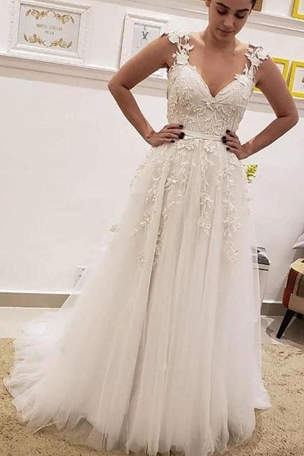 A Line V Neck Ivory Lace Fairy Long Wedding Dresses with Appliques (ZD15352) - VelvetHem