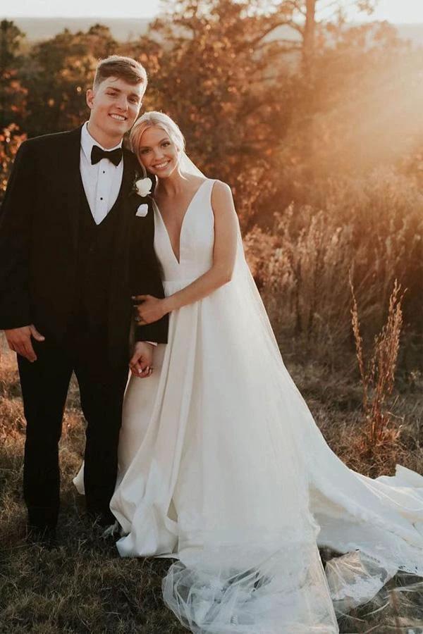 A-line V Neck Ivory Satin Simple Elegant Wedding Dresses (ZD15292)