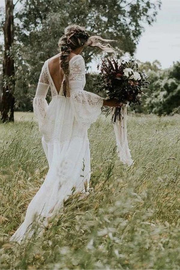 A-line V neck Long Sleeve Wedding Dress Rustic Boho Wedding Dress (ZD16296)