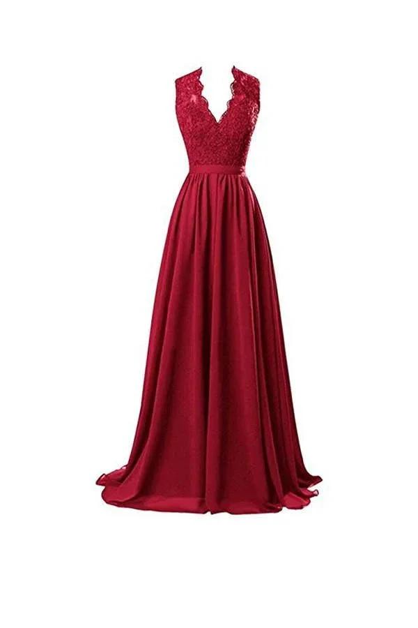 A-line V Neck Open Back Chiffon Long Evening Gown with Lace (ZD13163)