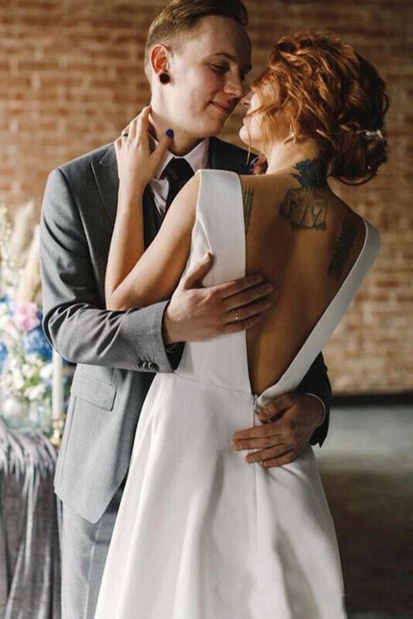 A Line V Neck Open Back Satin Long Wedding Dresses with Pockets (ZD15415)