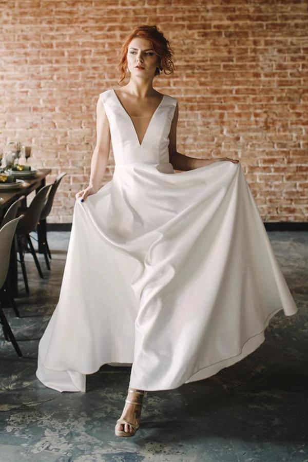A Line V Neck Open Back Satin Long Wedding Dresses with Pockets (ZD15415) - VelvetHem