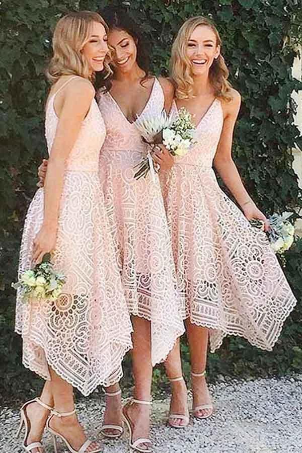 A-Line V-Neck Pearl Pink Lace Bridesmaid/Prom/Homecoming Dress (ZD13229) - VelvetHem