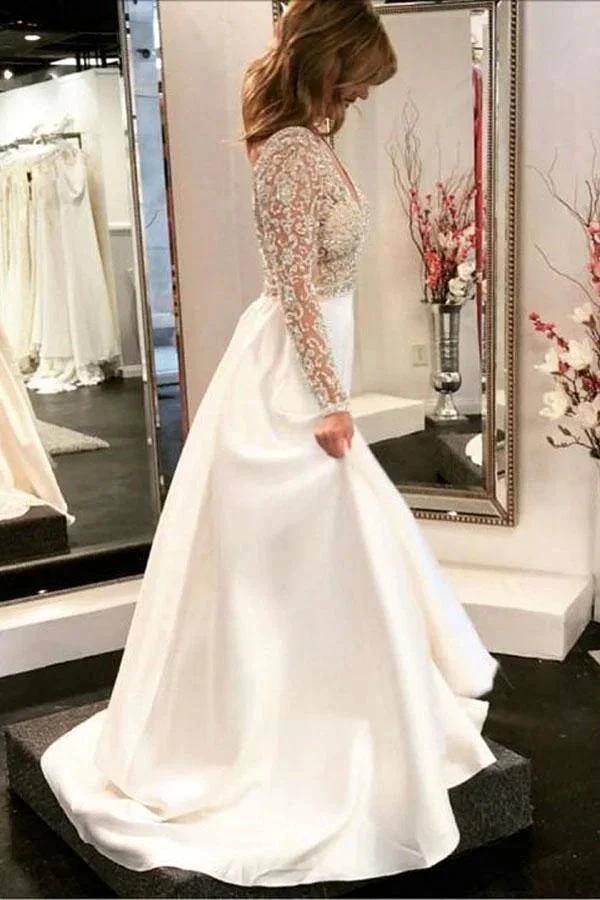 A-line V-neck See Through Bodice Beaded Long Sleeves Wedding Dresses (ZD15310) - VelvetHem