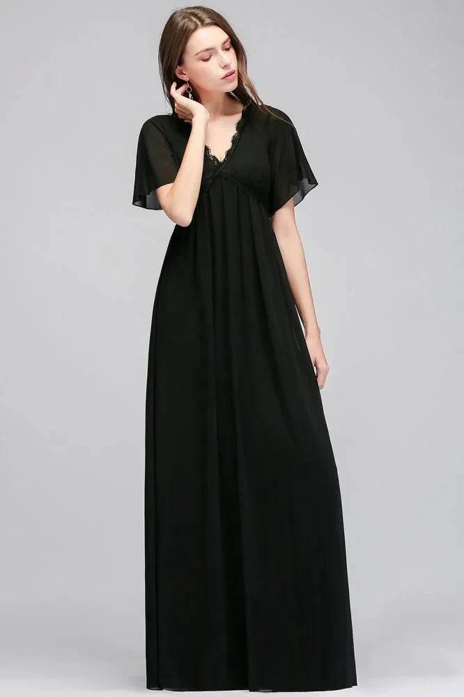 A-line V-neck Short Sleeves Long Black Chiffon Bridesmaid Dress (ZD13042)