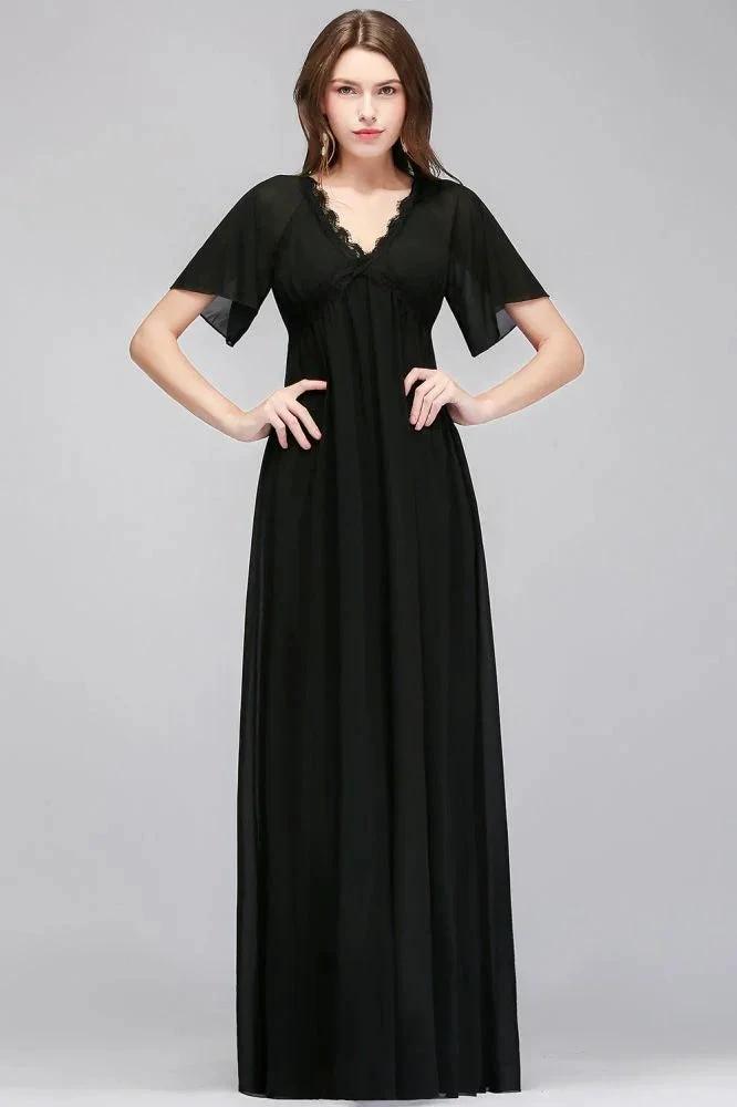 A-line V-neck Short Sleeves Long Black Chiffon Bridesmaid Dress (ZD13042) - VelvetHem
