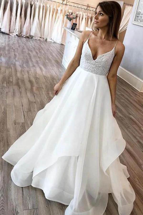 A-line V-neck Spaghetti Strap Charming Organza Wedding Dresses (ZD15339) - VelvetHem