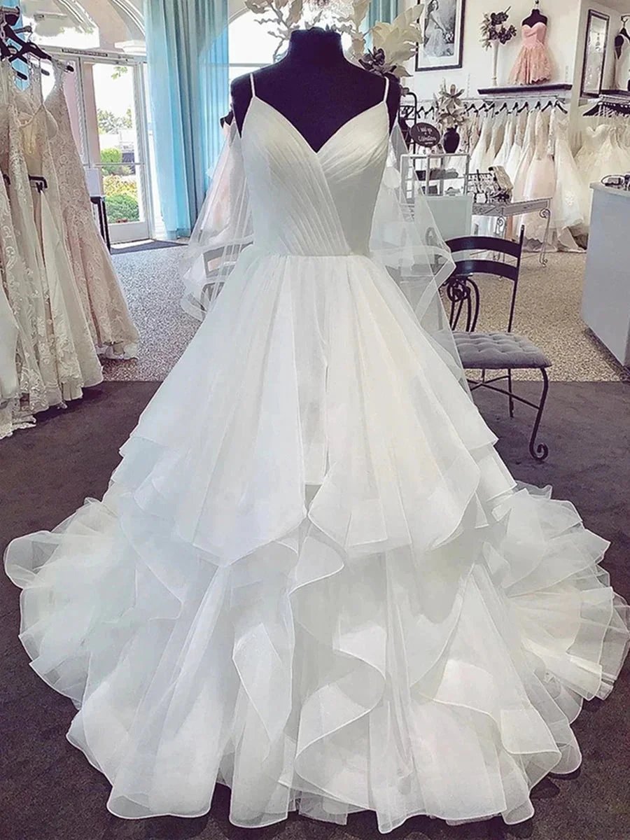 A-line V Neck Spaghetti Straps Puffy White Long Wedding Dresses (ZD16735)