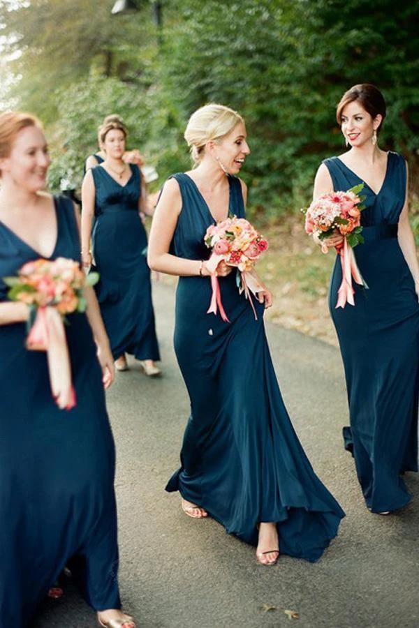 A-Line V-Neck Sweep Train Backless Navy Blue Bridesmaid Dress (ZD13254)