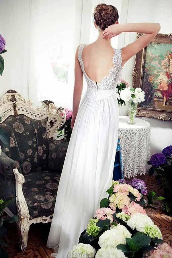 A-Line V-Neck Sweep Train Chiffon Beach Wedding Dress with Lace (ZD15483)