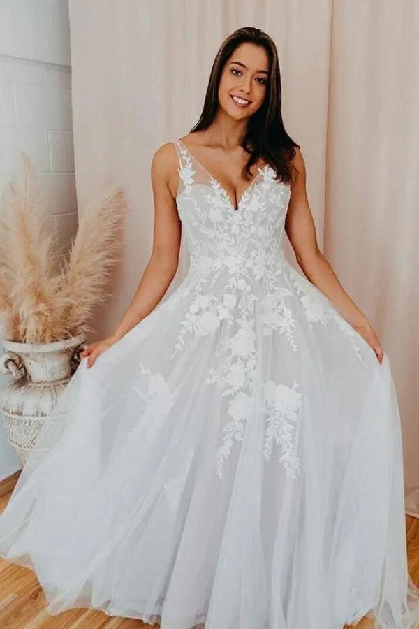 A-line V Neck Tulle Lace Appliques Romantic Wedding Dress Bridal Gown (ZD15296)