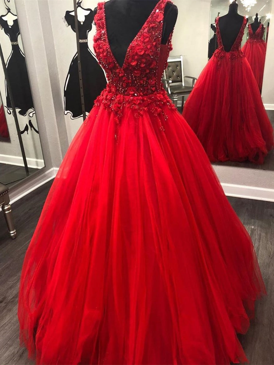 A-line V-neck Tulle Lace Long Prom Dresses Red Open Back Formal Evening Gowns - VelvetHem