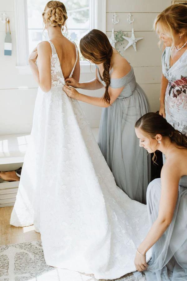 A Line V Neckline Floral Lace Illustion Back Court Train Wedding Dress (ZD15291) - VelvetHem