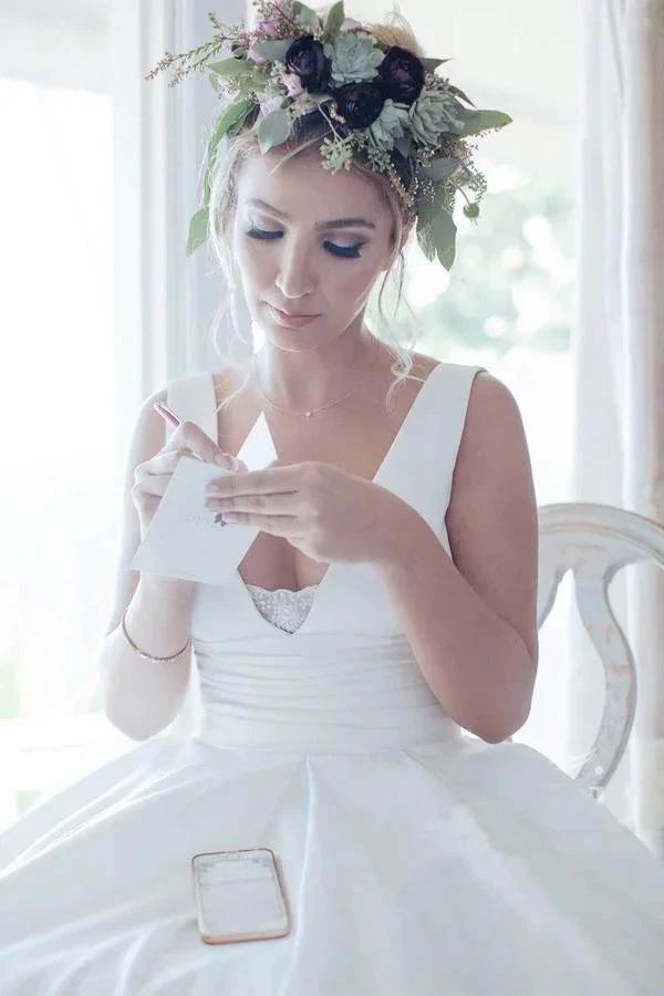 A Line V Neckline Pleated Waistband Simple Satin Wedding Bridal Dress (ZD15294) - VelvetHem