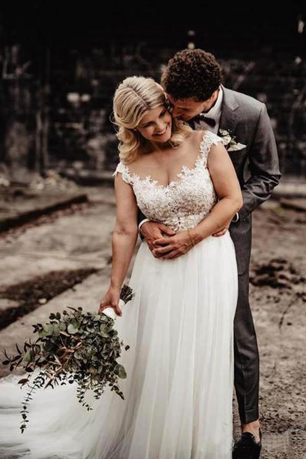 A-Line Wedding Gown with Illusion Neck With Back Lace Appliqued (ZD15318) - VelvetHem