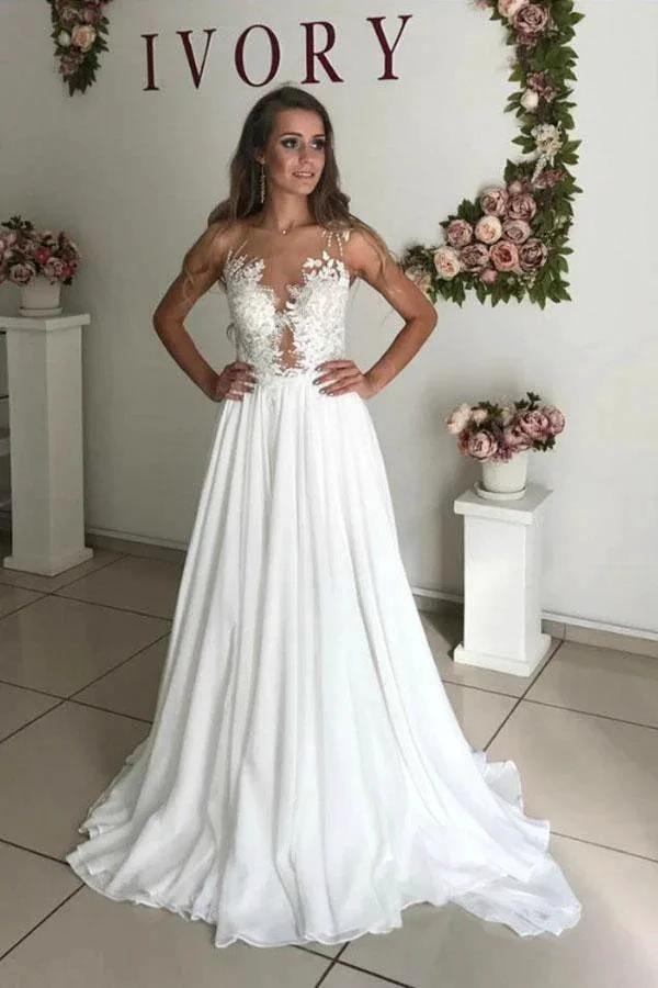 A-Line White Chiffon Appliques See Through Boho Wedding Dress (ZD15377) - VelvetHem