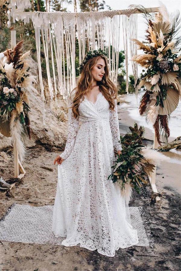 A-Line White Lace Floor-Length Wedding Dress With Long Sleeves (ZD16251)
