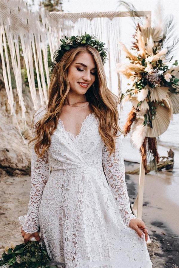 A-Line White Lace Floor-Length Wedding Dress With Long Sleeves (ZD16251) - VelvetHem