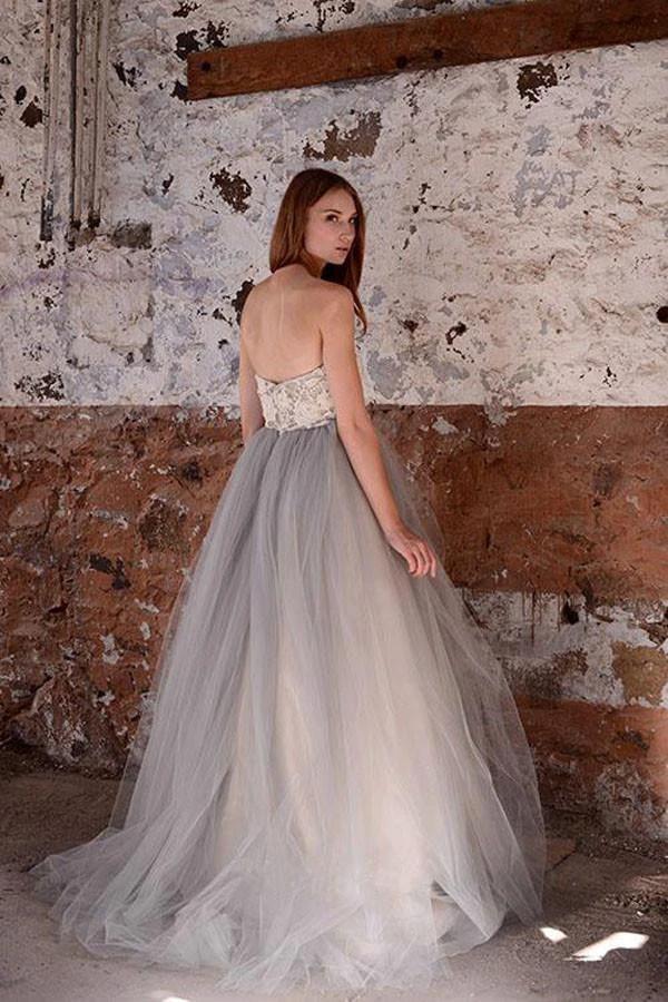 A-line White Lace Grey Tulle Strapless Sweetheart Neck Wedding Dress (ZD16353)