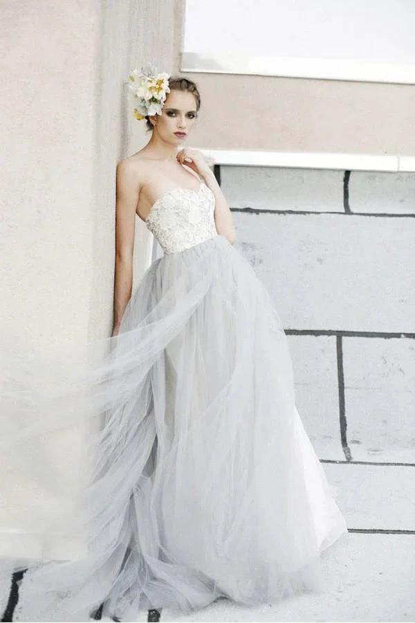 A-line White Lace Grey Tulle Strapless Sweetheart Neck Wedding Dress (ZD16353)