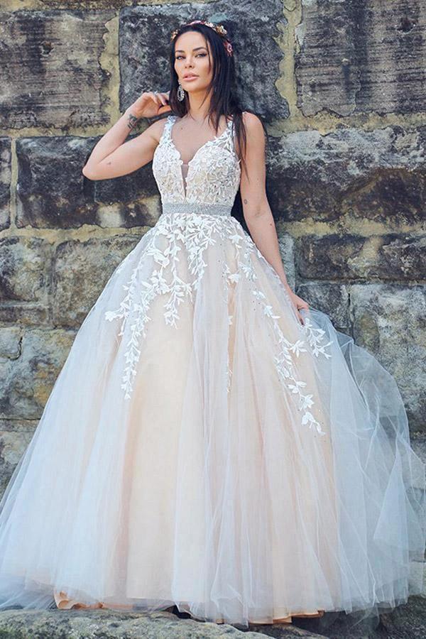 A-Line/Princess Applique Tulle Sleeveless V-neck Sweep Train Dresses (ZD16255) - VelvetHem
